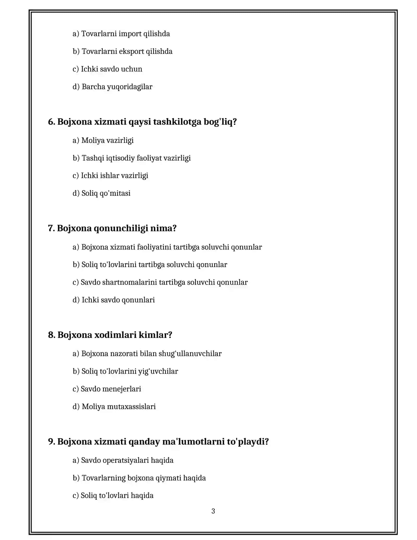BOJXONA XIZMATCHISI TEST 3