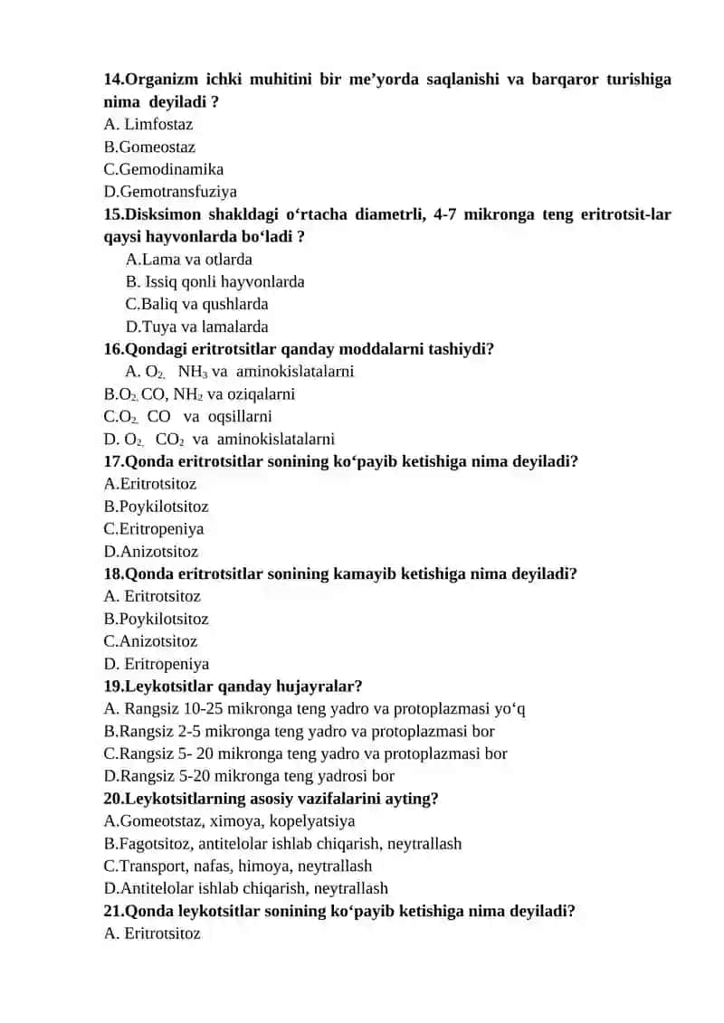 Hayvonlar fiziologiyasi fanidan yakuniy nazorat savollari va javoblari 3