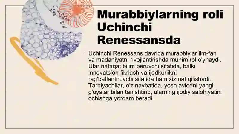 UCHINCHI RENESSANSNI BUNYOD ETISHDА MURABBIY VA TARBIYACHILARNING O‘RNI 3