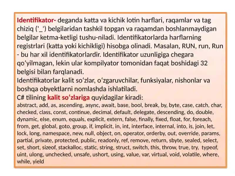 C++ tilida berilganlar turlari. O‘zgaruvchilar va ifodalar 3