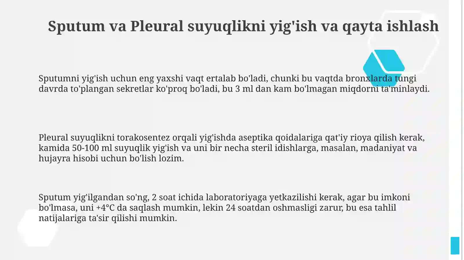 Nafas a'zolar kasaliklarida balgʻam va plevra suyuqligi laboratoriya tekshiruviinpertratsiyasi 3