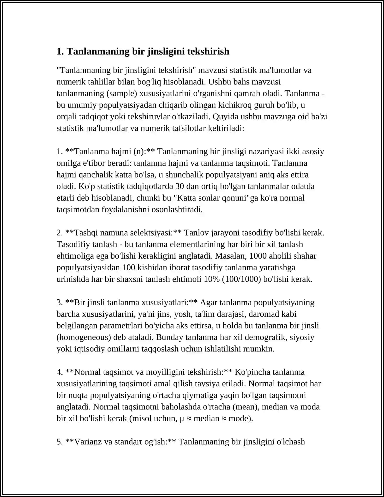 M.GIPOTEZALARNI KO'RINISHLARI(TANLANMANI BIR JINSLILIGINI, TANLANMANI BOGʻLIQSIZLIGI VA BOSHQALAR) 3