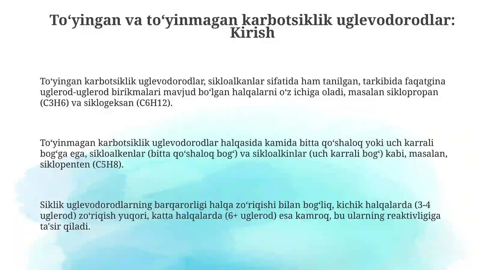 Karbosiklik toʻyingan va toʻyinmagan uglevodorodlarning olinishi va xossalari 3