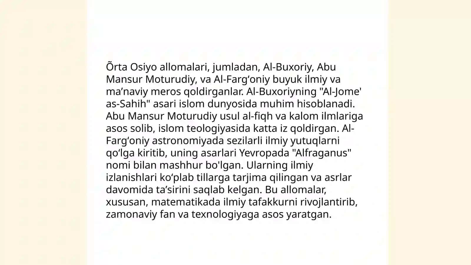 Yuksak maʼnaviyatli yoshlarni tarbiyalashda Õrta Osiyo allomalari ilmiy merosining oʻrni 3