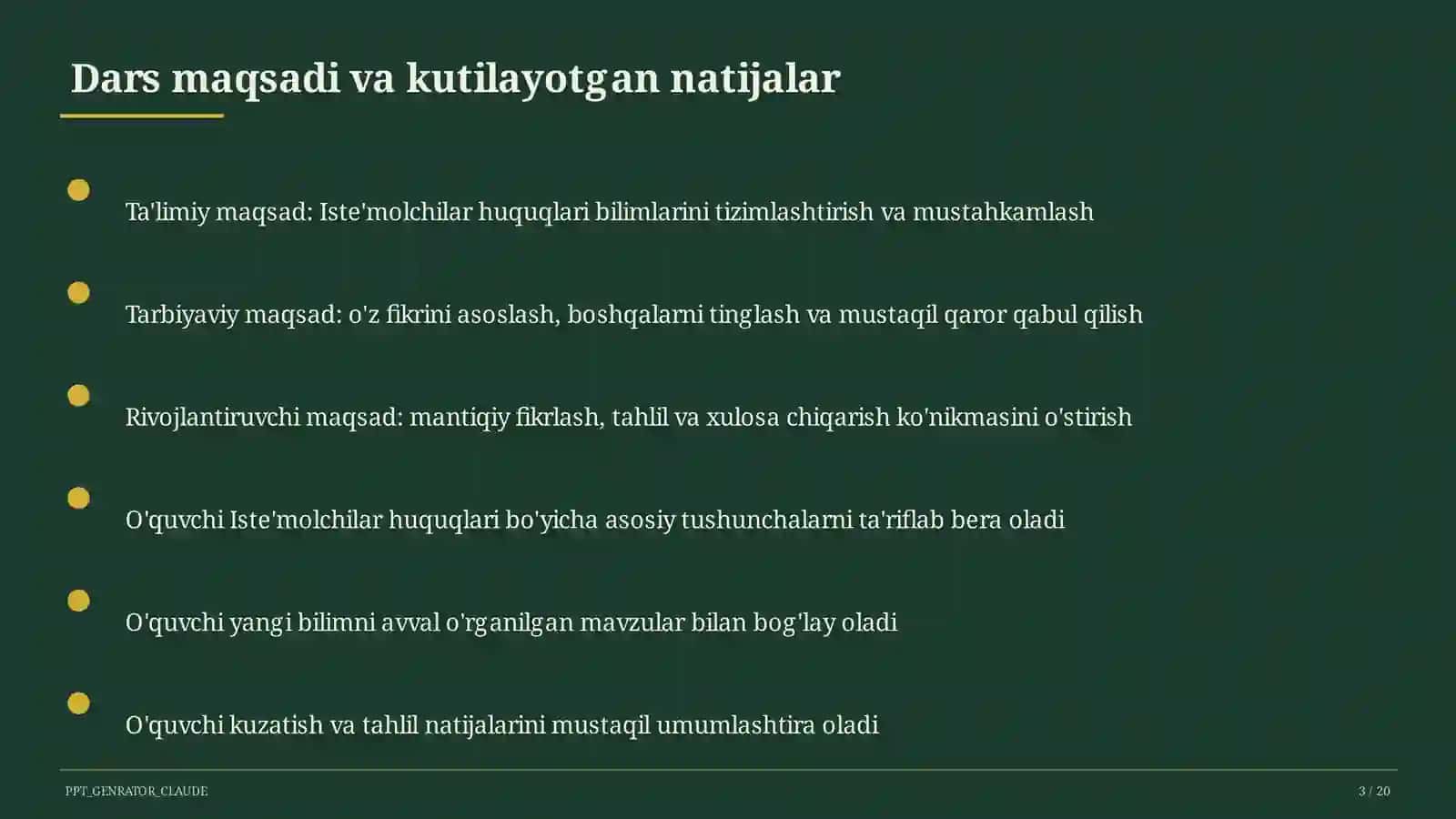 Huquq va iqtisodiyot asoslari (9–11) — ochiq dars uchun 3
