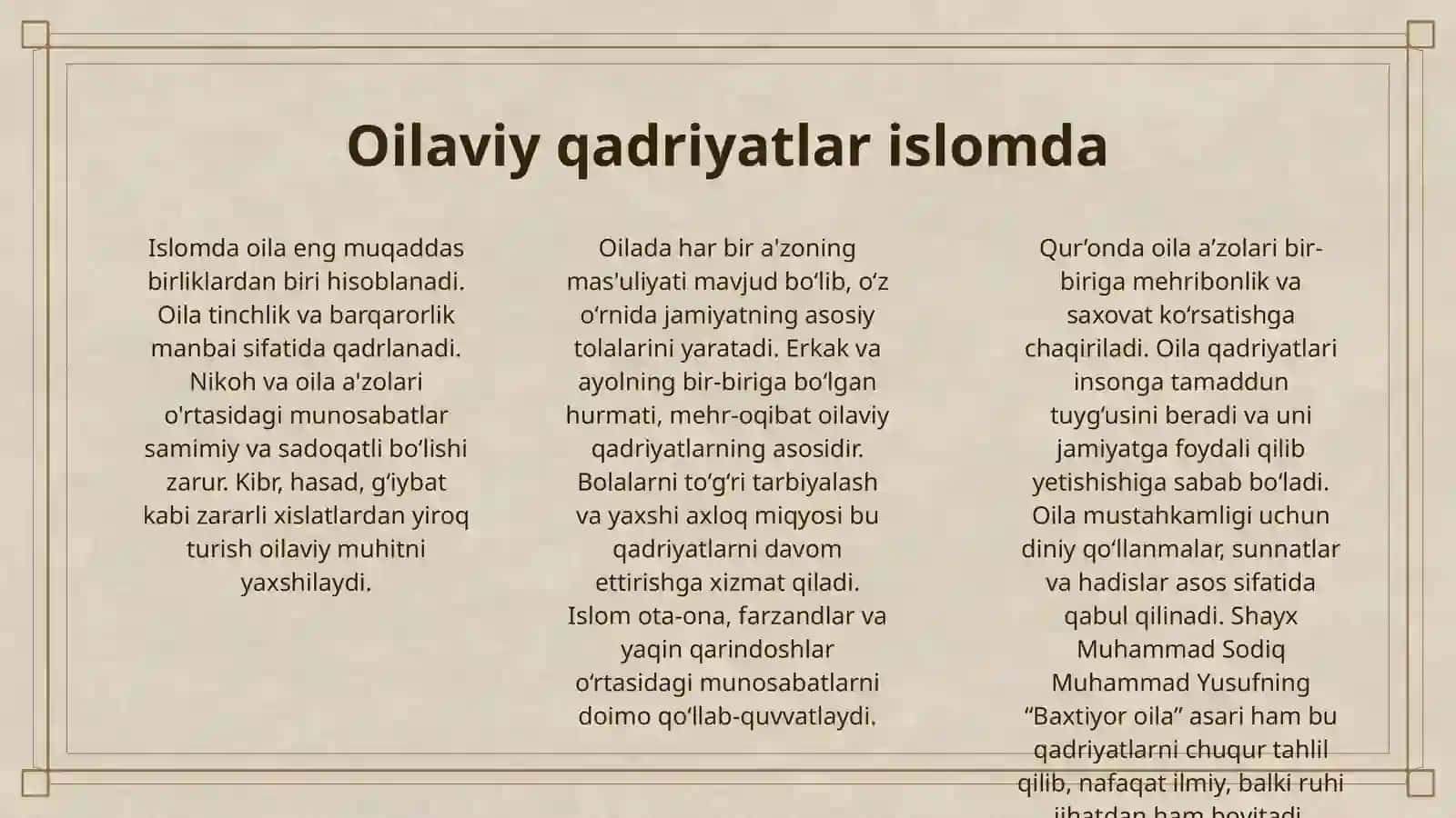 BAXTIYOR OILA “ASARIDA ISLOM QADIRIYATLARI TALQINI 3