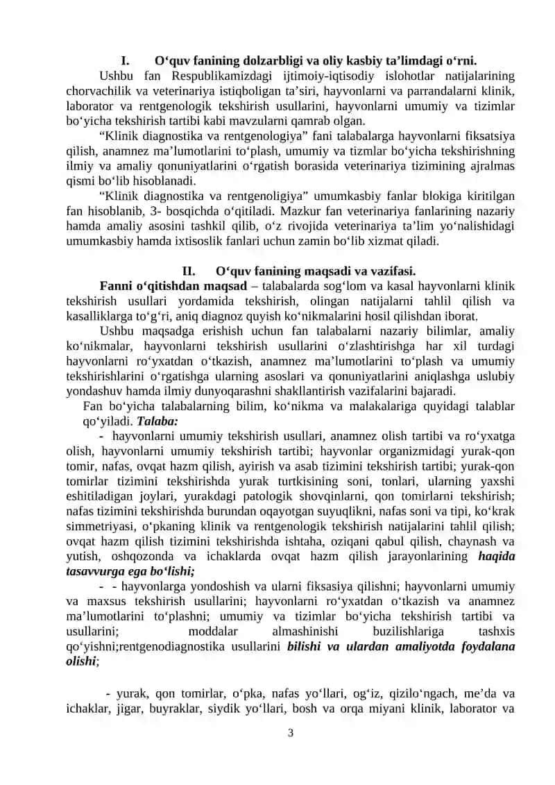 KLINIK DIAGNOSTIKA VA RENTGENOLOGIYA FANINING ISHCHI OʻQUV DASTURI (Sirtqi ta’lim 3-bosqich talabalari uchun) 3