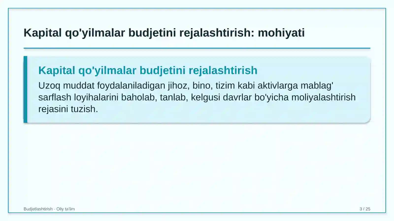 Korporativ moliyada kapital qo'yilmalar budjetini rejalashtirish 3