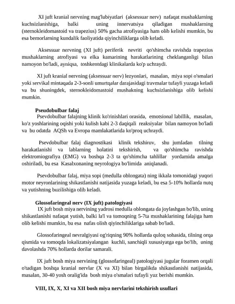VIII, IX, X, XI va XII bosh miya nervlarining tekshirish usullari va patologiyasi 3