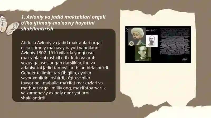 Jadid maʼrifatparvarlarining oʻlka ijtimoiy-maʼnaviy hayotida tutgan oʻrni(Munavvar Qori, Fitrat, Behbudiy, Avloniy va boshqalar) 3
