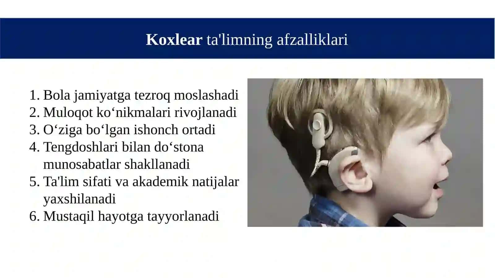 KOXLEAR IMPLANTLI BOLALAR BILAN ISH OLIB BORISH TARTIBI 3