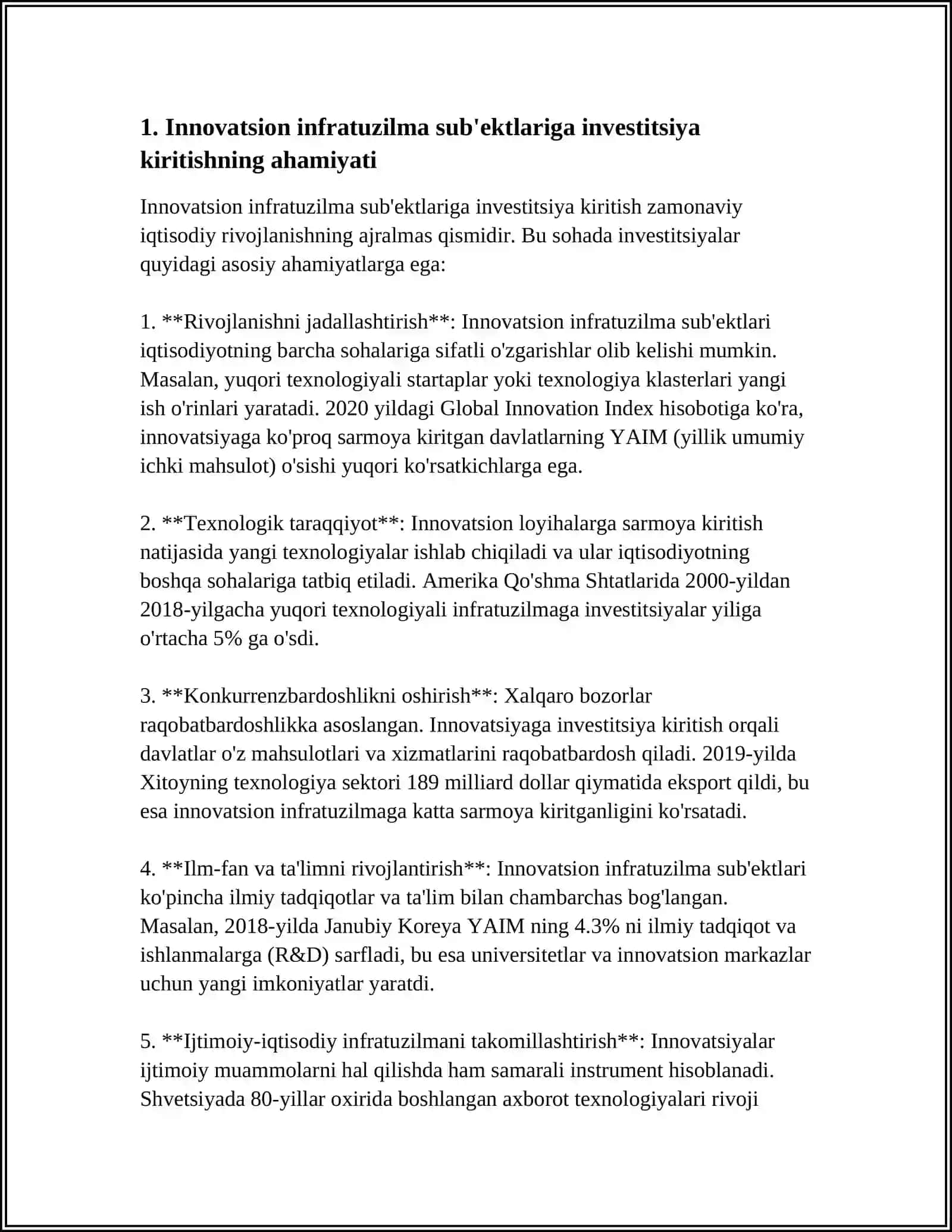 RIVOJLANAYOTGAN MAMLAKATLARDA INNAVATSION INFRATUZILMA SUB'EKTLARIGA INVESTITSIYALAR ASOSIDA MOLIYALASHTIRISH 3