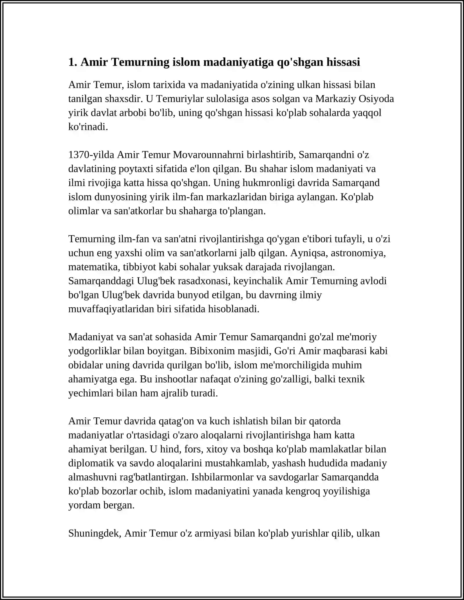 AMIR TEMUR VA TEMURIYLARING ISLOM TARAQIYYOTIGA QO`SHGAN XISSASI 3