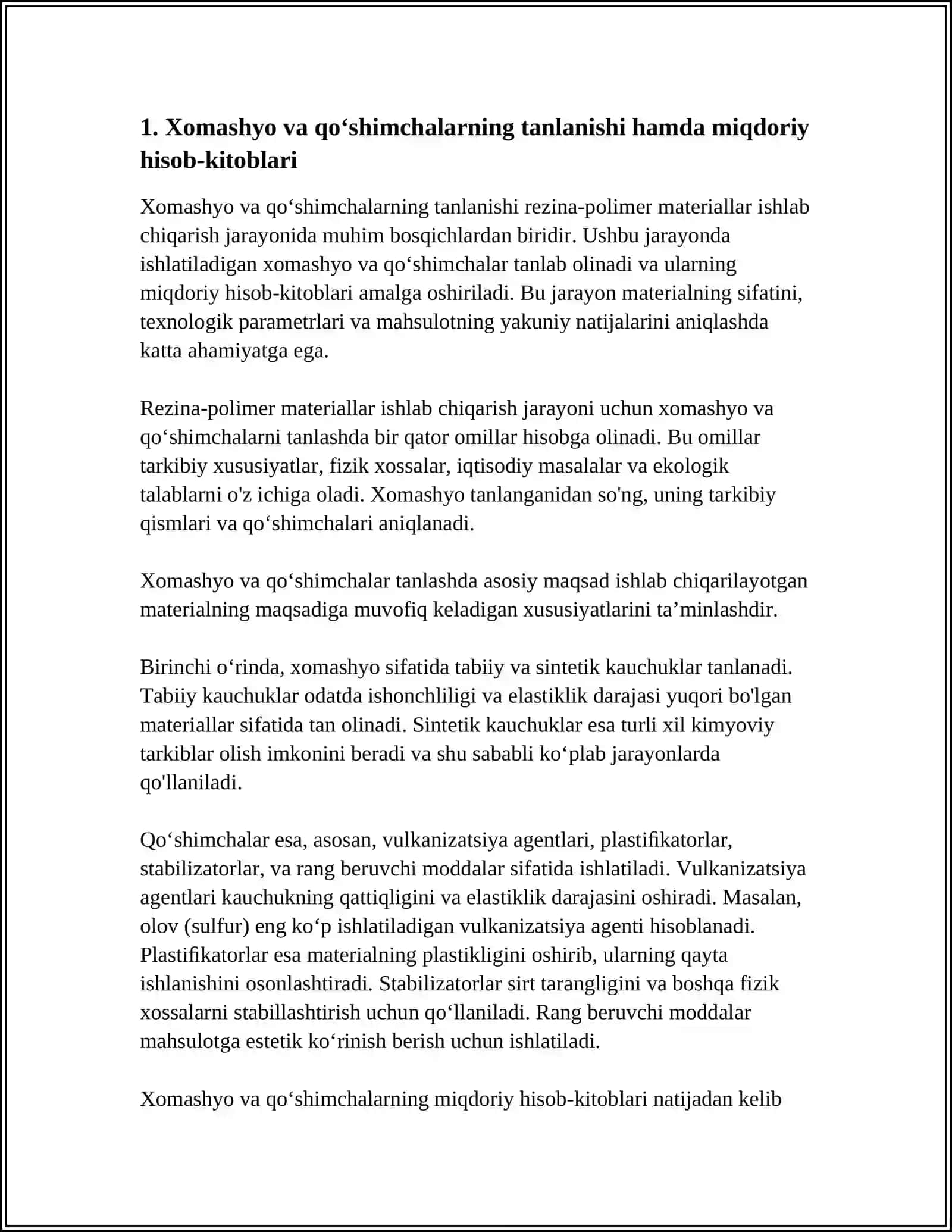 REZINA-POLIMER MATERIALLAR ISHLAB CHIQARISHNING TEXNOLOGIK BOSQICHLARI. TEXNOLOGIK JARAYON BO’YICHA HISOB-KITOBLAR 3