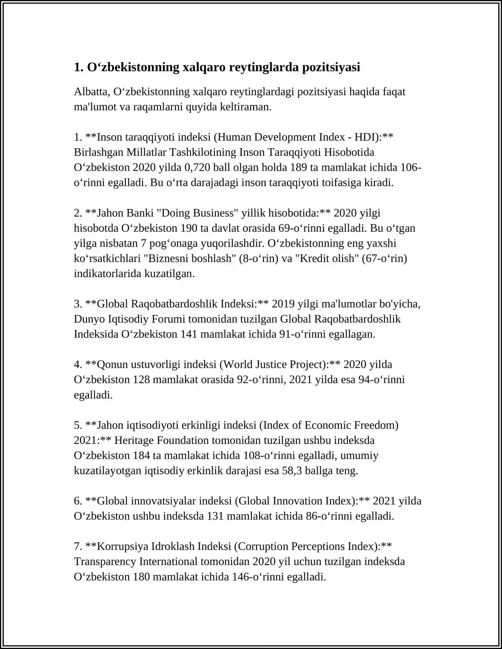 O‘ZBEKISTON RESPUBLIKASINING XALQARO REYTING VA INDEKSLARDAGI OʻRNI VA NUFUZINI ORTIB BORISHI 3
