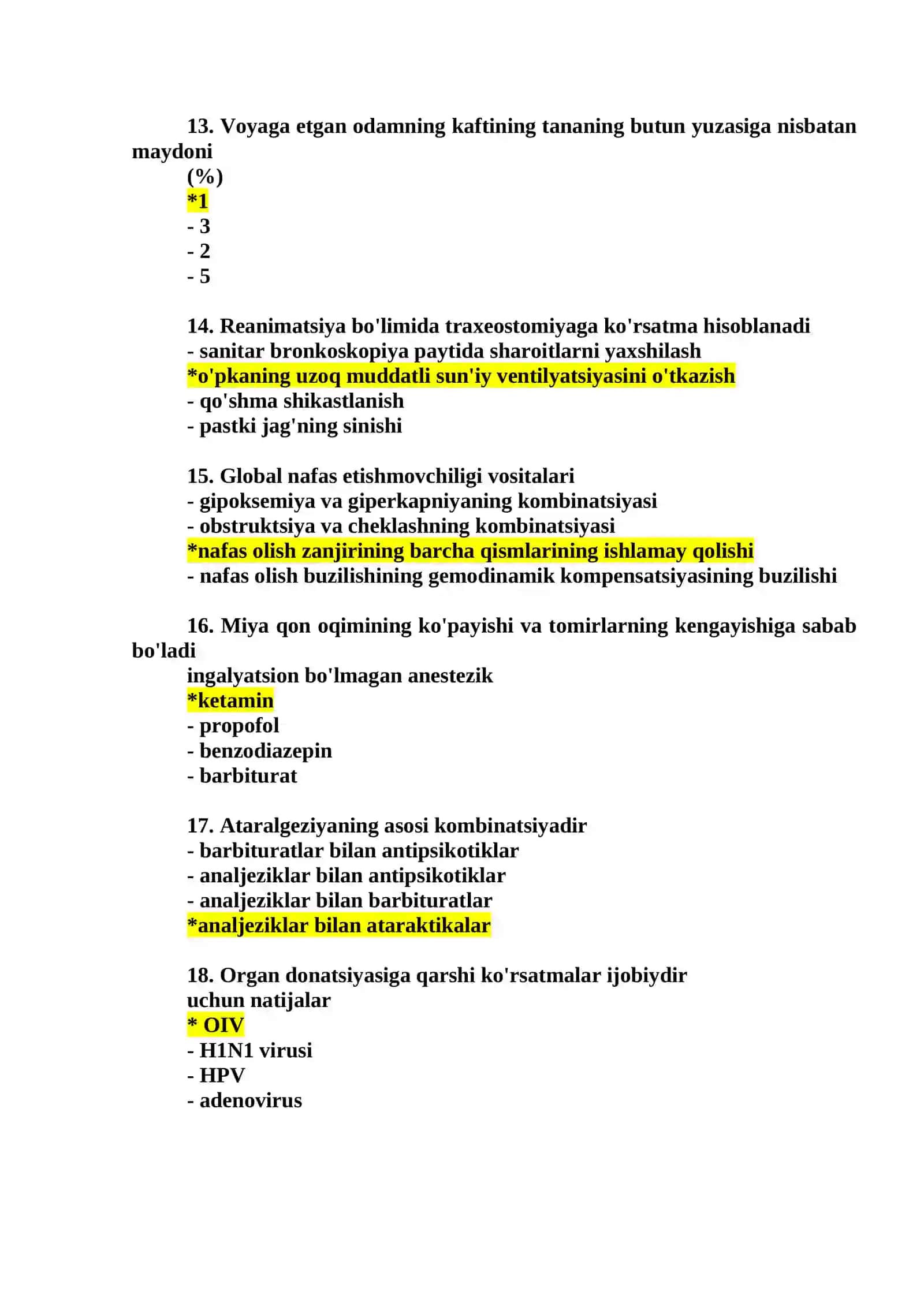 Anesteziologiya va reanimatologiya mutaxassisligi boʻyicha toʻliq test javoblari 3