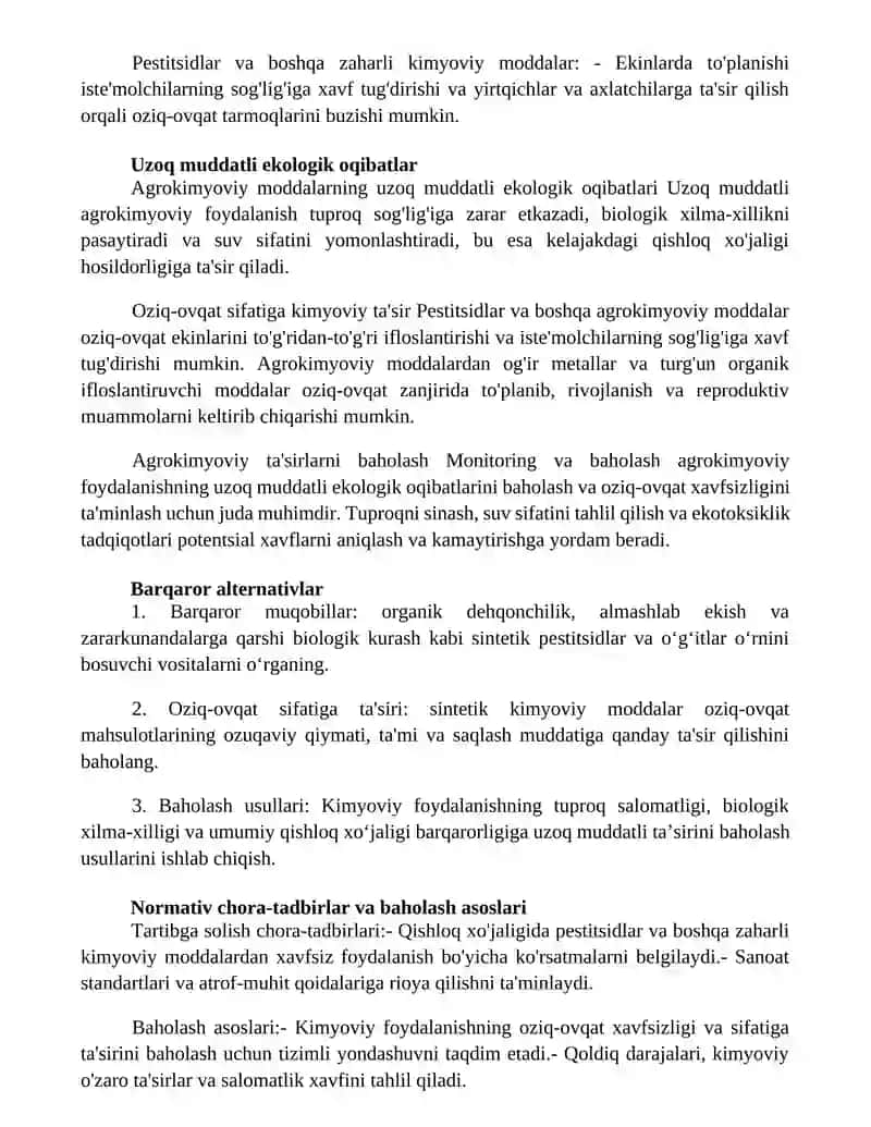 Kimyoviy O’G’Itlar, Pestitsidlar Va Boshqa Zaharli Kimyoviy Moddalardan Foydalanish Orqali Qishloq Xo’Jaligining Turli Sohalarida Оziq-Оvqat Mahsulotlari Xom Ashyolari Sifatiga Ta’Siri Va Uni Baholash 3