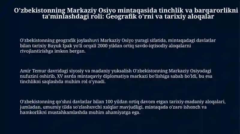 Oʻzbekistonning Markaziy Osiyoda tinchlik va barqarorlikni taʼminlashdagi oʻrni 3