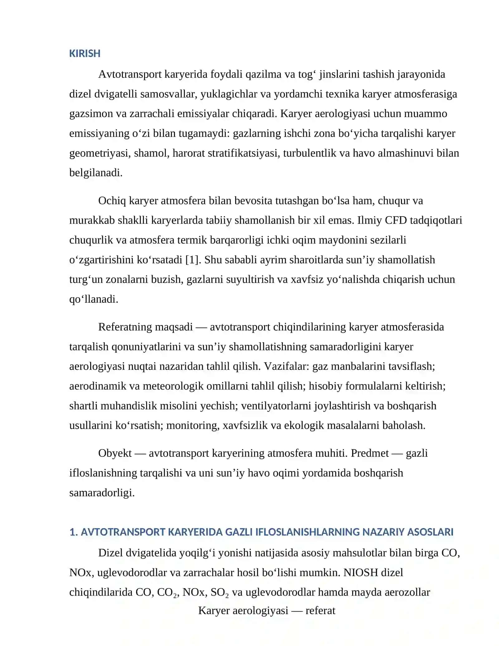 "Avtotransport karyerida hosil bo‘ladigan gazlarni tarqatishda sun’iy shamollatishning samaradorligi" 3