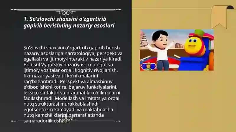 Badiiy asarlarni so'zlovchi shaxsini o'zgartirib gapirib berish, maktabgacha yoshdagi nutq kamchiligiga ega bolalarning aqliy faolligini oshirish vositasi sifatida 3
