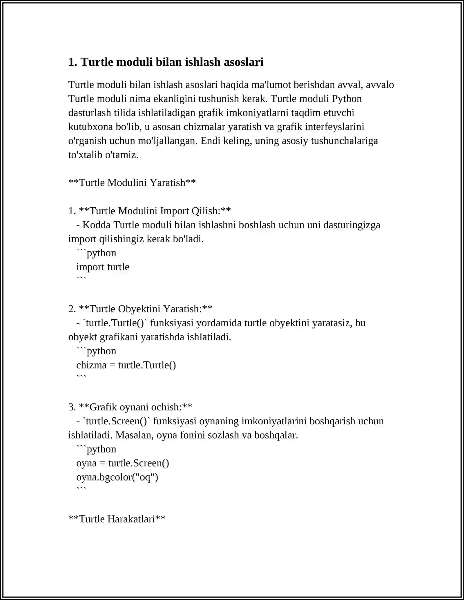 PYTHONNING TURTLE MODULI NIMA VA U BILAN ISHLASH HAMDA TURLI SHAKLLAR CHIZISH 3