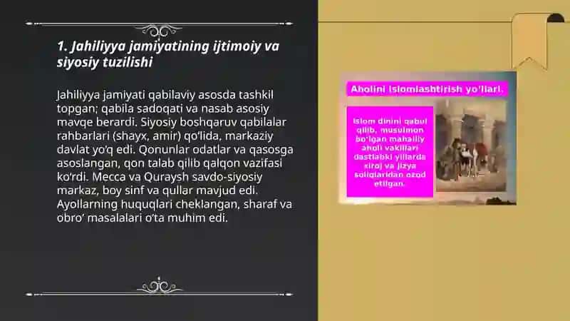 Islom dini:Bunda Islomning paydo boʻlishidagi ijtimoiy-siyosiy va madaniy sharoitlari,Muhammad(s.a.v)hayoti xususida ma'lumotlar keltiriladi 3