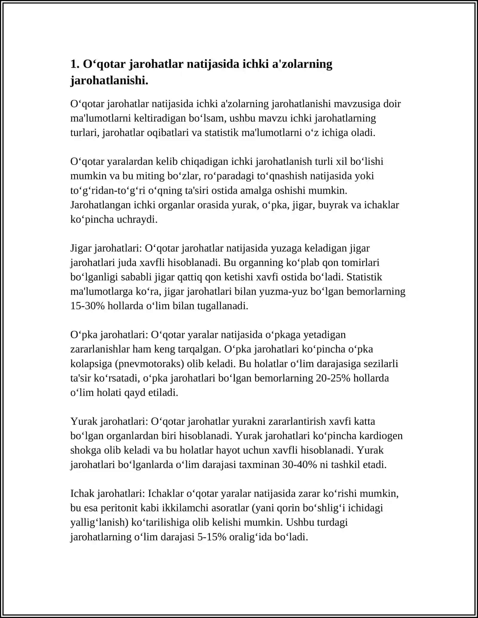 OʻQ OTAR JAROHATLARDA ICHKI AʼZOLAR KASALLIKLARI. YARADORLARDA HAYOTGA HAVFLI HOLATLAR XARAKTERISTIKASI 3