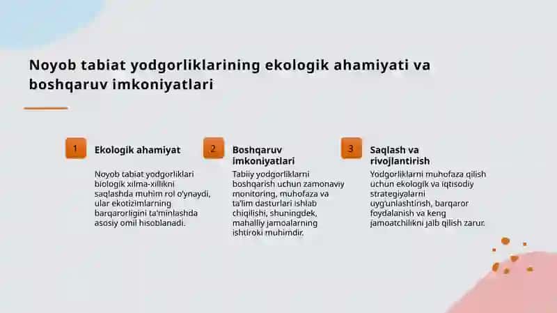 Noyob tabiat yodgorliklaridan foydalanish va muhofaza qilish 3