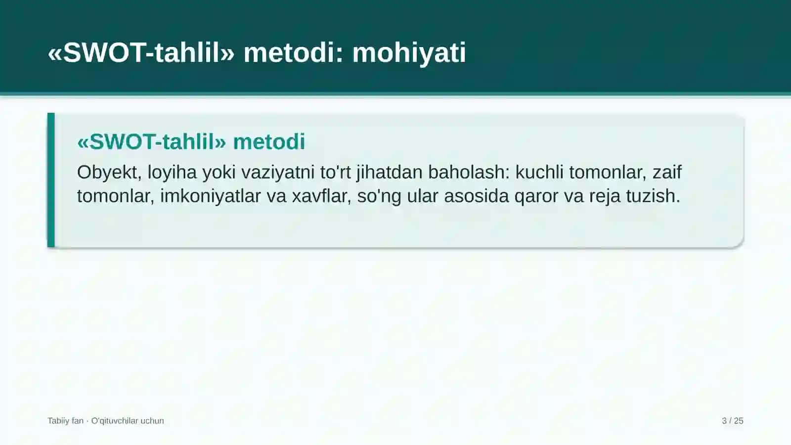 tabiiy fan darslarida swot tahlil metodidan foydalanish 7589 3