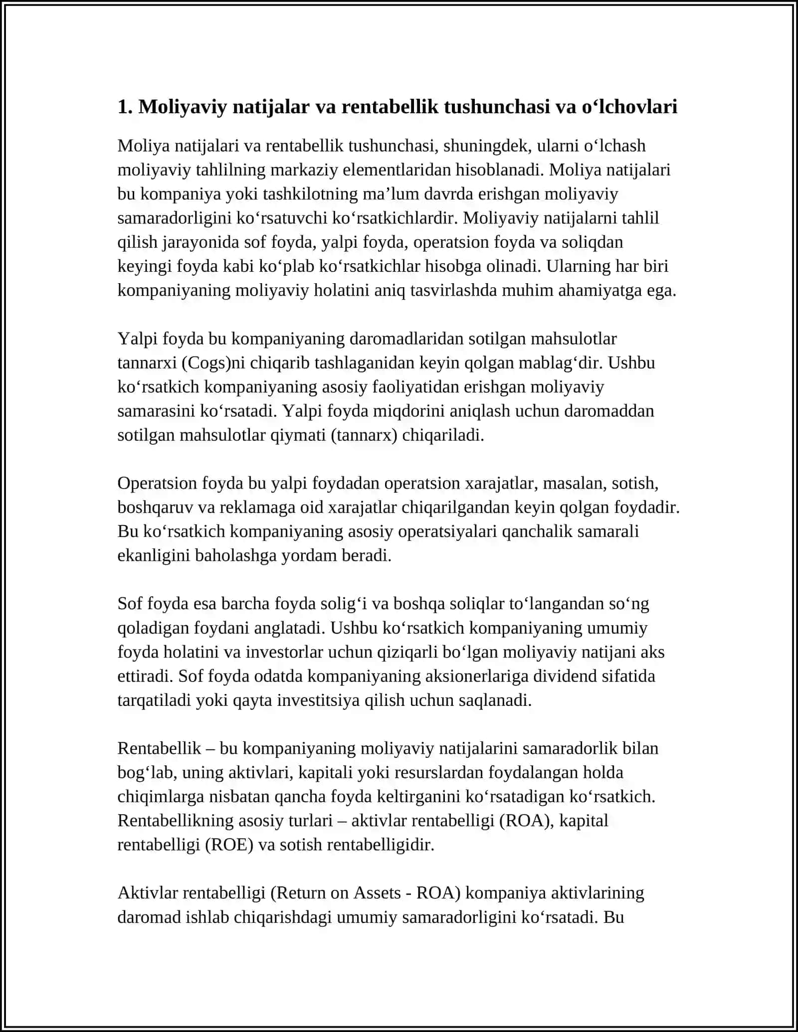 Moliyaviy natijalar va rentabellik tushunchasi va o‘lchovlari 3