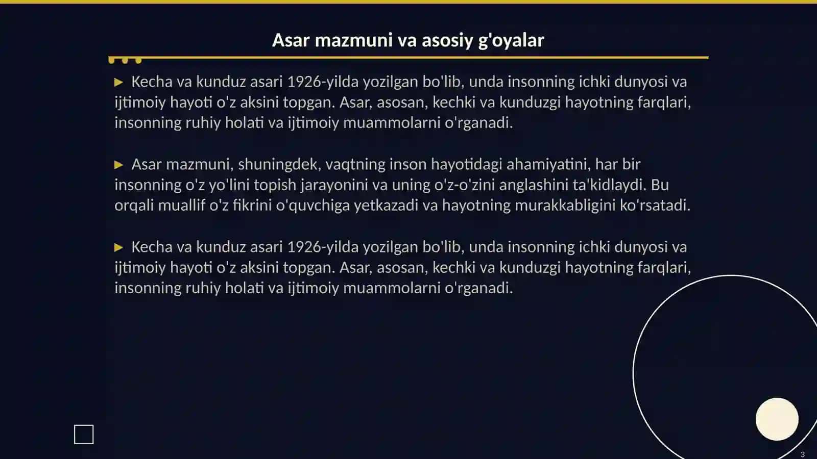 Kecha va kunduz asari boʻyicha topshiriqlar 3