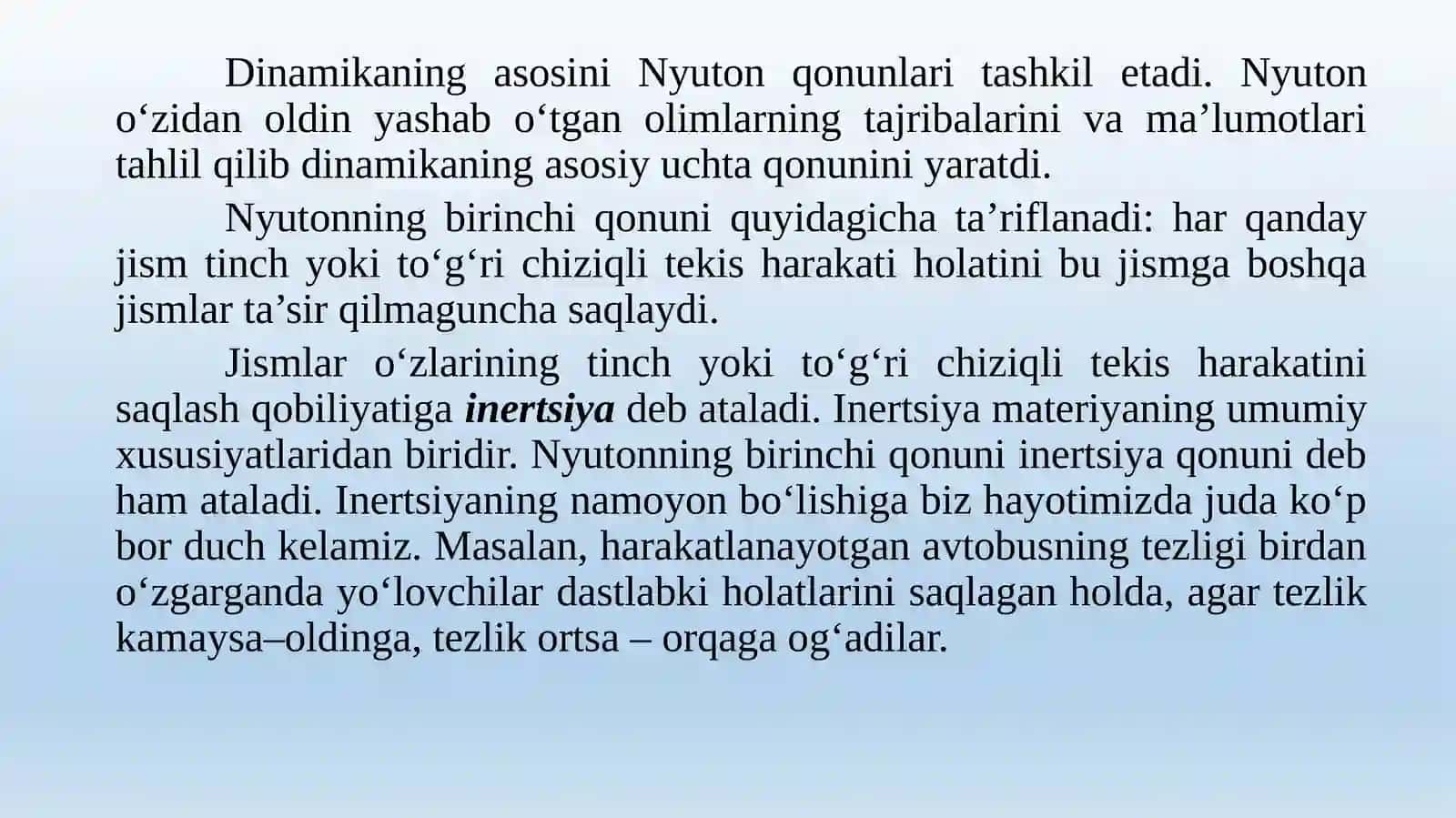 Mexanikaning dinamika bo’limida jismlar harakatini mazkur harakatni yuzaga kеltiruvchi sabablar mоhiyati bilan bоg’lab o’rganiladi 3