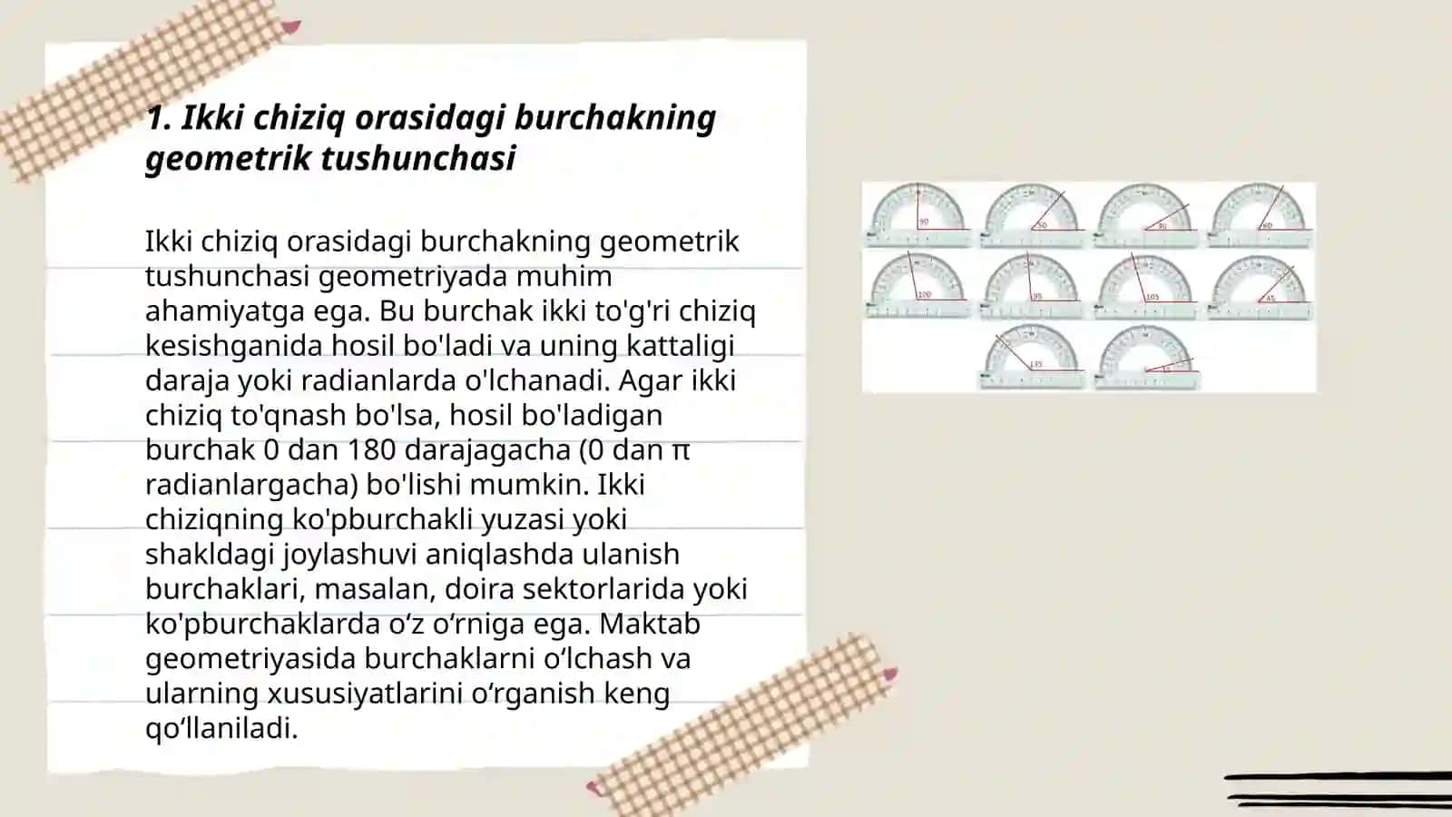 Ikki chiziq orasidagi burchakning geometrik tushunchasi 3