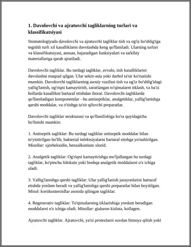 STOMATOLOGIYADA DAVOLOVCHI VA AJRATUVCHI TAGLIKLAR. TARKIBI VA QO‘LLANILISHI.QO‘YISH TEXNIKASI 3