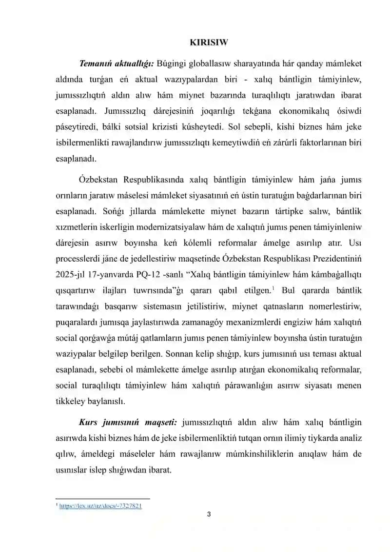 Jumıssızlıqtıń aldın alıwda kishi biznes hám jeke isbilermenliktiń tutqan ornı hám áhmiyeti 3