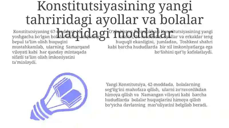 O‘zbekiston Respublikasi Konstitutsiyasining yangi tahriridagi ayollar va bolalarga oid moddalar 3