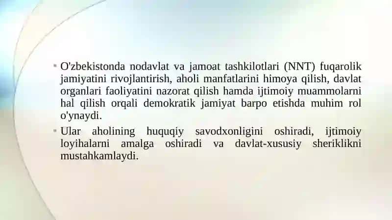 Nodavlat va jamoat tashkilotlarining O‘zbekistonda demokratik jamiyat barpo etishdagi o'rni va ahamiyati 3
