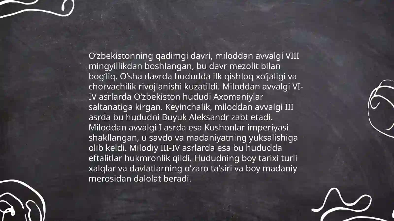 Õzbekiston tarixi davlat muzeyiga virtual sayohat orqali muzeyning Õzbekistonning qadimgi davri tarixiga oid ekispanatlarni urganish va tahliliy taqdimot 3