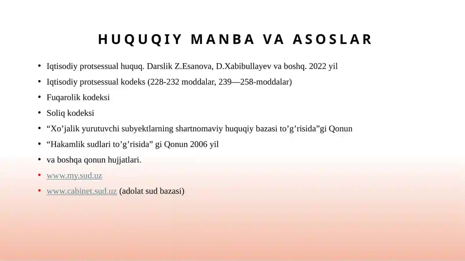 Hakamlik sudining hal qiluv qarorlari bilan bog’liq ishlarni yuritish.  Iqtisodiy protsessida chet el fuqarolari va tashkilotlar,  fuqroligi bo’lmagan shaxslarning ishtiroki 3