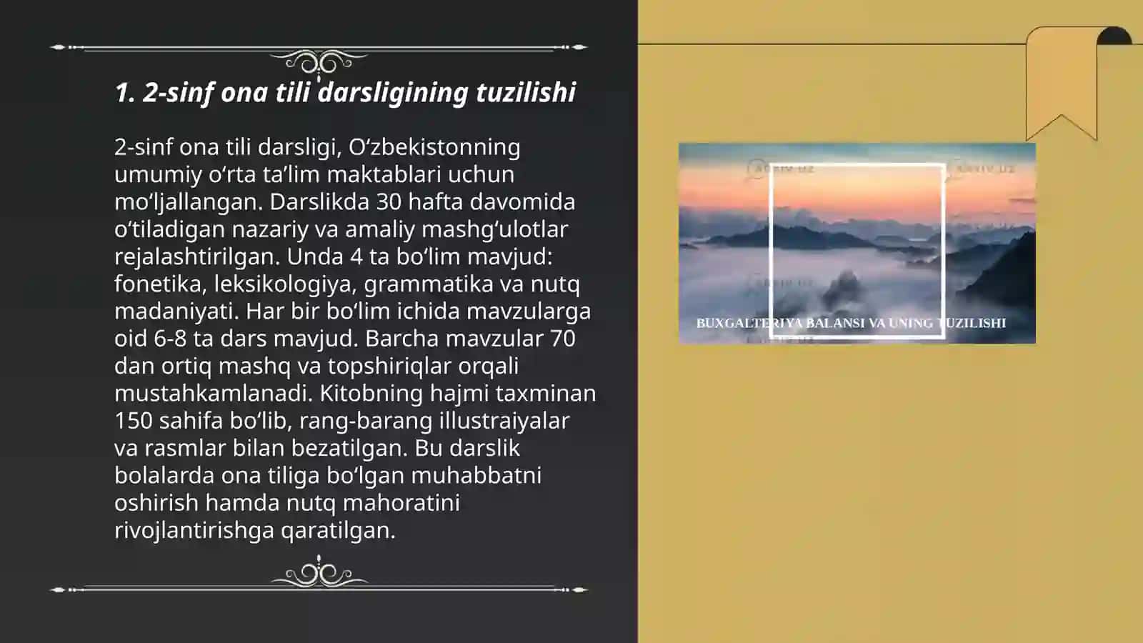 2-sinf ona tili va oʻqish savodxonligi darsligini tuzilishi va mazmunini tahlil qilish 3