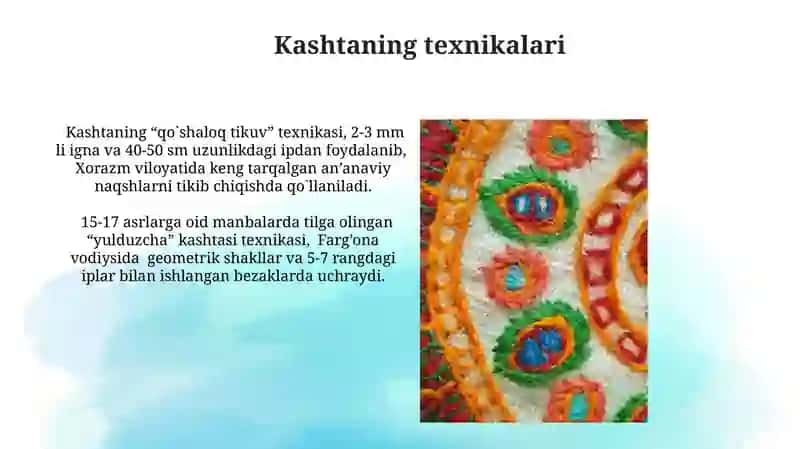 Kashtachilik mahsulotlari turlari va kashtachilikda ishlatiladigan naqshlarning ramziy maʼnolari 3