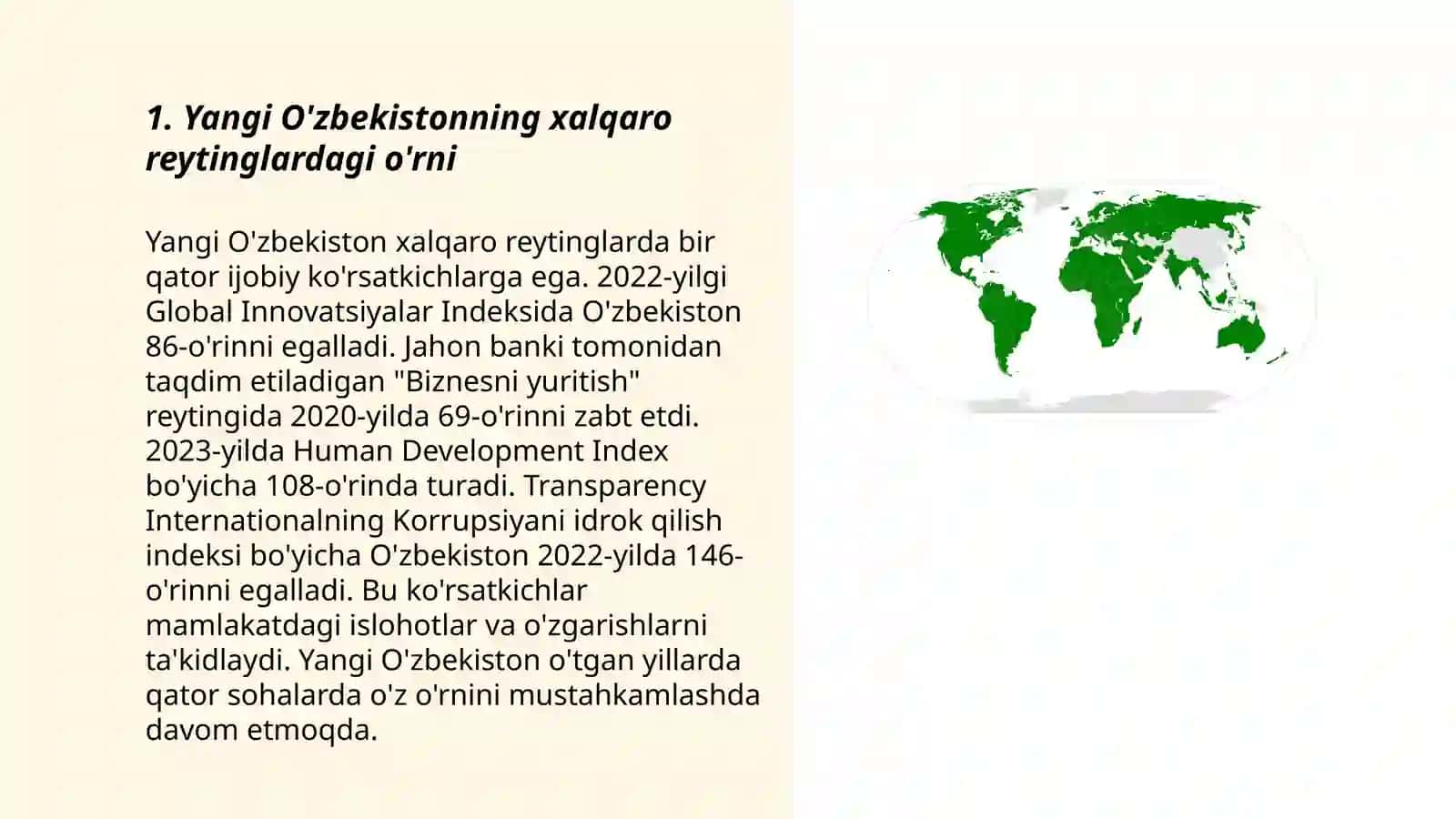 O'zbekiston va jahon hamjamiyati Yangi O'zbekiston ijtimoiy siyosiy iqtisodiy va madaniy hayotida ro'y berayotgan o'zgarishlarning xalqaro reyting va indekslarda aks etishi 3