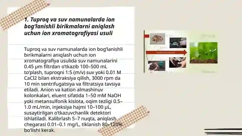 Tuproq va suvning ifloslanishida ion bog`lanishli birikmalarni aniqlab ulardan tozalash usulini ishlab chiqish 3