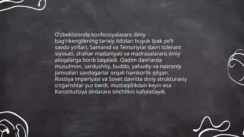 O'zbekiston kanfessiyalararo diniy bag'rikenglikning tarixiy tajribasi mavzusida test tayyorlash 3