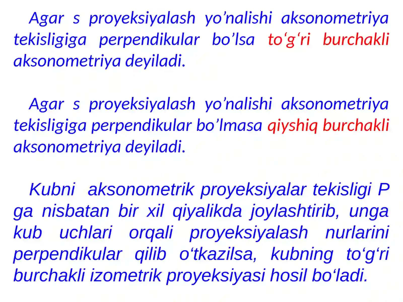 Aksonometriya haqida umumiy tushuncha. Umumiy tushuncha. Aksonometrik proeksiyalar va ularning turlari. 3