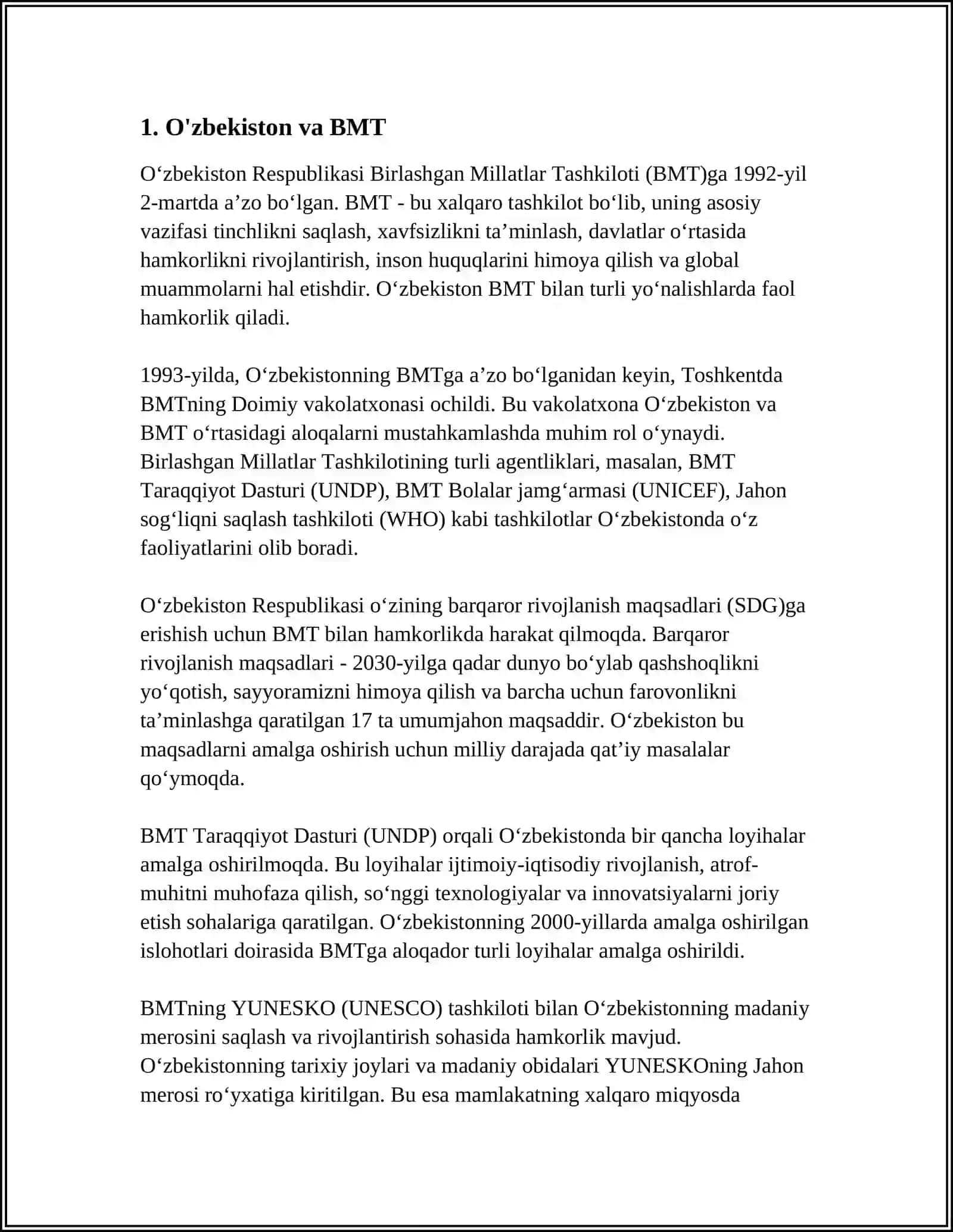 O‘zbekistonning Xalqaro Tashkilotlar bilan Xamkorlik Aloqalari 3