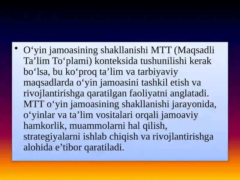 Mavzu:O`yin jamoasining shakllanishi 3
