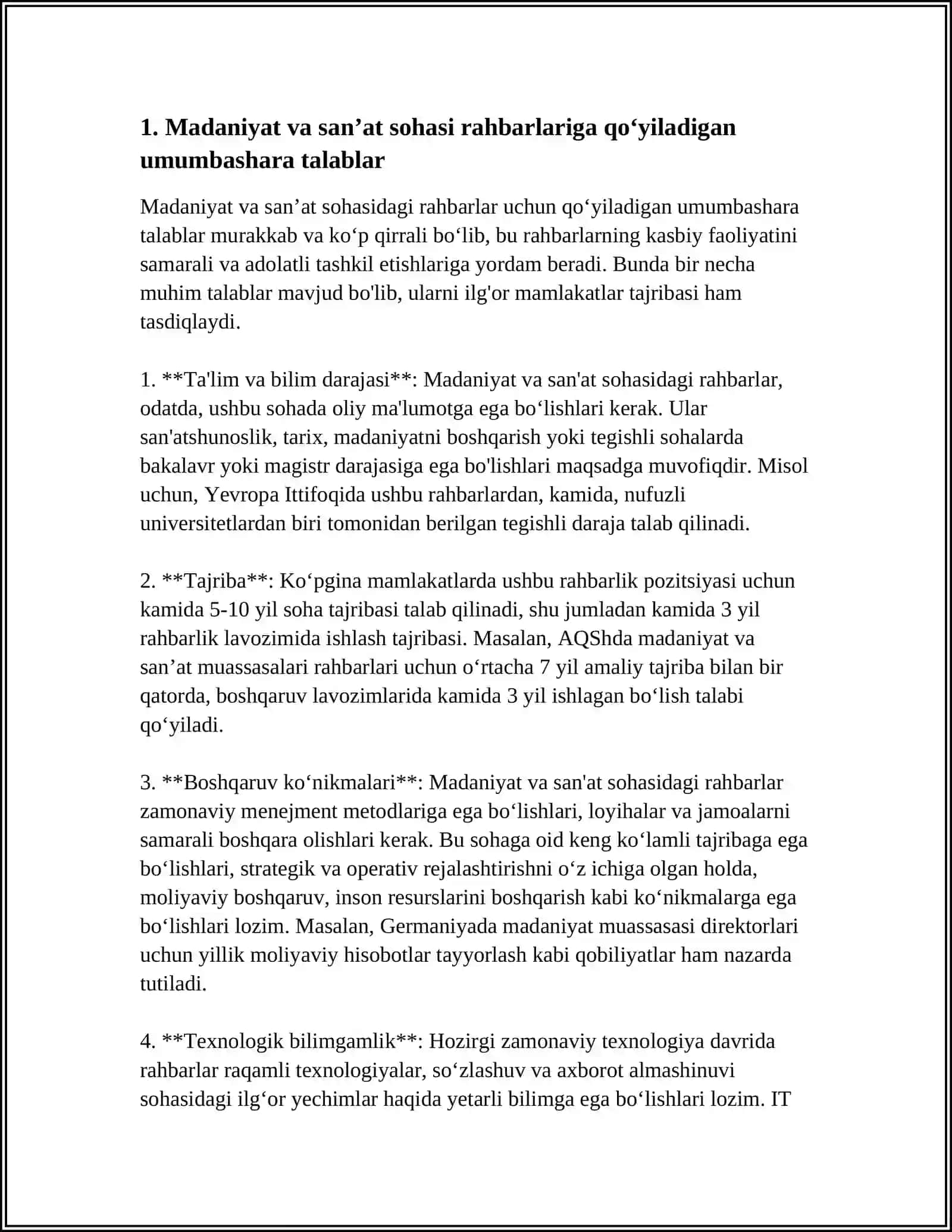 MADANIYAT VA SANʼAT SOHASI BOSHQARUVIDA YOSH RAHBAR KADRLARGA XOS FAZILATLAR VA QOʻYILADIGAN TALABLAR 3