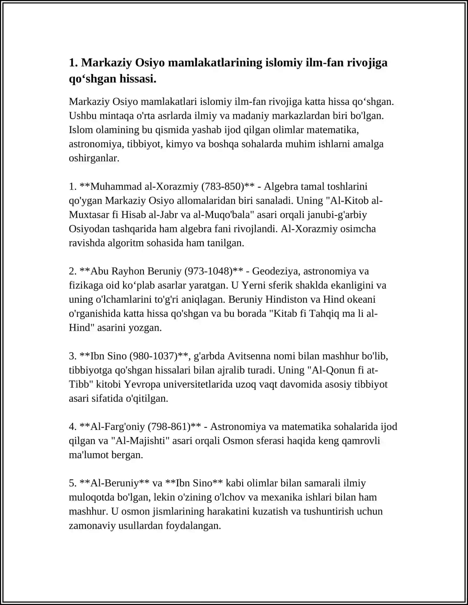 MARKAZIY OSIYO MAMLAKATLARINING ISLOM ILMLARIGA QOʻSHGAN HISSASI VA ULARNING AHAMIYATI 3