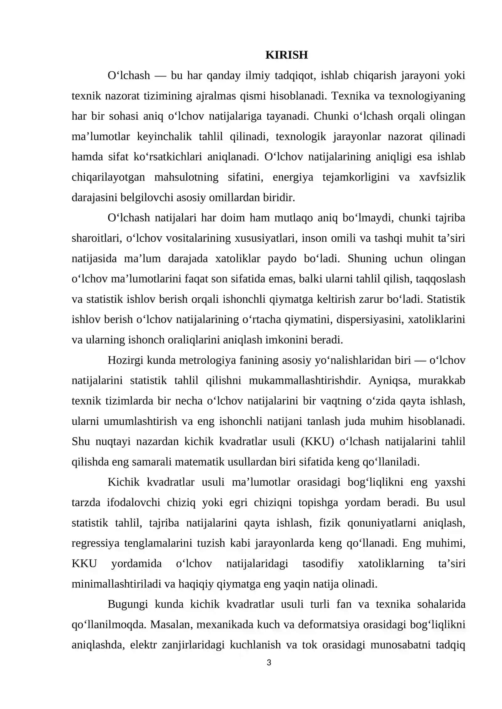 O'LCHASH NATIJALARINI TAHLIL QILISH VA STATISTIK ISHLOV BERISH. KICHIK KVADRATLAR USULI. 3